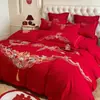 Juego de Cuatro Piezas Rojo Brillante de Alta Calidad para Boda Bordado de Dragón y Fénix Chino Funda Nórdica Sábana Nueva Casa Colcha Alegre Ropa de Cama para Boda
