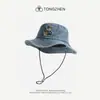 Gorra de Pescador de Mezclilla con Osito a Juego para Mujer Primavera y Verano Coreana Japonesa Versátil Sombrero para el Sol Lindo Estilo Retro Llamativo Cara