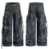 Jeans Oreeta de Estilo Americano High Street Desgastados Teñidos Sucios para Hombres y Mujeres con Múltiples Bolsillos y Diseño de Cinta, Pantalones Holgados de Pierna Ancha
