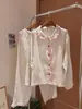 Conjunto de casa para meninas com gola franzida, algodão de gaze dupla multicor, manga longa, calça longa, pijama fofo de desenho animado