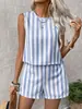 2026 Verano Ropa Femenina Transfronteriza Europea y Americana Conjunto Casual de Dos Piezas con Rayas: Top sin Mangas de Cuello Redondo + Pantalones Cortos Sueltos