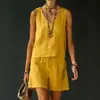 2026 Verano Nuevo Estilo Casual Sin Mangas Lino Algodón Top Chaleco Pantalones Cortos Conjunto de Dos Piezas para Mujer Personalización