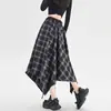 Roupa Feminina Saia Xadrez Irregular 2026 Outono Vintage Xadrez Cintura Elástica Emagrecedora Comprimento Médio Saia Evasê