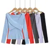 2561-25 Novo Estilo Outono Amarração Gola Halter Manga Longa Malha Fina Francesa Puro Brilho Sexy Cruzamento em V