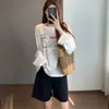 Algodón Tencel Fresco y Transpirable Sensación Fresca Ligeramente Transparente Holgada Adelgazante Cuello Redondo Hombro Caído Manga Larga Camiseta con Letras Verano H060210