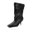 Botines de piel de oveja con punta fina para mujer, tacones de aguja, modernos y versátiles, nuevo estilo 2026 con hebilla de cinturón, diseño plisado retro