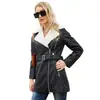 Chaqueta de Cuero Forrada de Piel para Mujer con Cuello de Solapa, Abrigo de Cuero Único, Chaqueta de Motocicleta de Cuero para Mujer Transfronteriza de Amazon