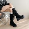 Botas Largas Tejidas con Tira de Borlas Vintage para Mujer, Nuevas Llegadas de Otoño, Para Figuras Pequeñas, Suela Gruesa, Que Aumentan la Altura, Fruncidas, Botas de Vaquero Holgadas