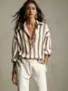 Camisa Feminina de Chiffon Plus Size Listrada Retro de Manga Longa, Novo Estilo Transfronteiriço Europeu e Americano, Solta, Estilo Férias, Camisa de Praia