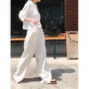 Calças de algodão e linho brancas femininas de verão finas estilo japonês preguiçoso casuais retas compridas calças de linho de perna larga