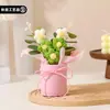 Miniramo de Hilo Tejido a Mano, Cubo Redondo Rosa, Flores Eternas Simuladas Tejidas, Decoración de Escritorio, Regalo de Vacaciones