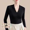 Camiseta básica negra para mujer, nuevo estilo otoño/invierno 2026, corte ajustado, tacto de alta gama, cuello en V, modal, manga larga