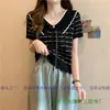 Fábrica 2025 Estilo Coreano Laço Contrastante Manga Curta Camiseta Feminina Verão Novo Gola Boneca Slim Top de Malha