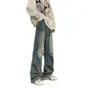 Calça Jeans Amarela Tingida com Lama Estilo Americano Retrô Masculina Primavera e Outono Novo hiphop Pushuai Rua Frita Solta Reta