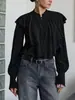 Blusa con Volantes Estilo Palacio 2026 Primavera Elegante Holgada Negra Cuello Alto Camisa de Gasa Ropa para Mujer de Comercio Exterior