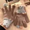 Luvas femininas de pelúcia para o inverno, quentes e grossas, tricotadas com cinco dedos separados, à prova de vento, compatíveis com tela sensível ao toque, com dupla camada, em blocos de cor, adequadas para escrever