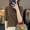 Lã Penteada Camisa Base de Manga Média Primavera e Verão Novo Suéter de Manga Curta Camiseta Feminina Meia Altura Slim-fit Pulôver Top Suéter de Malha