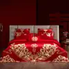 Set de Boda de Algodón con Bordado de Dragón y Fénix Juego de Varias Piezas Habitación de Boda Set de Cuatro Piezas de Algodón de Fibra Larga Ropa de Cama Festiva Roja para Boda