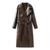 Venta Caliente Transfronteriza de Aliexpress Nueva Moda Primavera 2026 Chaqueta Larga de Cuero Elegante para Mujer con Cinturón y Cuello de Solapa