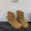 Botines estilo Birkenstock de piel auténtica con puntera redonda y aumento de altura interior para mujer, colección otoño 2026, con diseño plisado y apilado, adecuados para combinar con pantalones o jeans