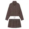 Roupas Femininas Transfronteiriças 2026 Moda Europeia e Americana Casual Zíper Gola Alta Xadrez Conjunto de Jaqueta + Saia Feminino E490805/6