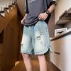 Shorts Jeans Lavados e Desgastados American High Street 2026 para Homens, Shorts Casuais Masculinos de Verão da Moda, Soltos de Perna Reta e Comprimento no Joelho