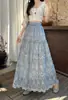 Nueva Falda de Estilo Chino Nacional Tie-Dye Azul Bordado Pesado Floral de Corte A con Dobladillo Ancho, Falda de Longitud Media, Falda de Paraguas