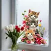 Acuarela Curativa Tres Gatitos Flores Mariposas Pegatinas de Vidrio Estático para Decoración de Sala de Estar Dormitorio Suelo Ventana Puerta Corredera