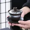 Gaiwan de Argila Roxa Embossado Original Mineral Fragrância de Lótus Tigela Três Talentos Tigela de Chá de Argila Preta Conjunto de Chá de Grande Capacidade Cor Sólida Estilo Chinês Uso Doméstico