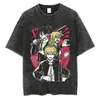 Camiseta Vintage Lavada do Anime Chainsaw Man com Gola de Marinheiro e Padrão Listrado, Camiseta Unissex Respirável e Confortável, Fabricada na China