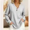 Enviado 2025 Transfronterizo Casual Manga Larga Top Mujer Botón Cuadrícula Europeo Americano Waffle Otoño Invierno Cuello en V Nuevo Holgado