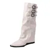 Botas largas de punta Chuyuji negras para mujer, botas de montar de verano con hebilla de cinturón, tacón de cuña, hasta la rodilla