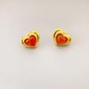 Festivos de Año Nuevo estilo japonés y coreano nuevo pequeño en forma de corazón con incrustaciones de ágata roja simple aguja de plata 925 para ir al trabajo aretes de botón versátiles para mujer