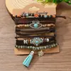 Pulseira Estilo Boêmio Europeu e Americano Transfronteiriça com Pingente de Turquesa, Tecelagem de Couro Multicamadas, Conjunto de Pulseiras DIY de 6 Peças