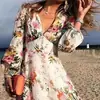2027 Vestido Transfronterizo de Comercio Exterior Europeo y Americano Ebay Sitio Independiente Wish Amazon Vestido Estampado de Manga Larga con Escote en V Profundo