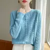 Atacado Transfronteiriço Primavera e Outono Gola Redonda Feminino Manga Longa Tricô em Ponto Trançado Cardigan Top, Peça de Roupa Externa Versátil Estilosa, Suéter Camada de Base
