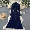 Vestido de Tricô com Gola Color Block Estilo Retrô Francês para Mulheres, Manga Longa, Cintura Marcada, Emagrecedor, Temperamento, Vestido para o Trabalho, Vestido de Lã de Outono