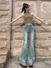 Jeans Acampanados Azul Claro para Mujer, Nuevos Pantalones de Campana Elásticos de Tiro Alto Ajustados Estilo Americano para Figuras Petitas