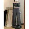 Foto real de la nueva colección de otoño 2026: pantalones de pierna ancha para mujer con diseño único, estilo coreano, de cintura alta, fluidos, holgados, pantalones casuales