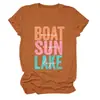Barco Sol Lago Olas Amazon Ebay Sitio Independiente Moda Versátil Camiseta de Manga Corta con Cuello Redondo para Mujer