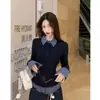 Outono Novo Estilo Coreano Patchwork Xadrez Falso Duas Peças Manga Longa Blusa Feminina Casual Confortável Tendência