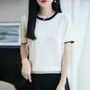 2026 Verano Nuevo Lana Lino Cuello Redondo Tejido Manga Corta Mujer Bloque de Color Holgado Capa Base Camiseta Top