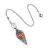 2122-Péndulo de Grava de Cristal Natural Colorida Bronce Plata Oro Resina Símbolo de Siete Chakras Péndulo Hexagonal Cónico