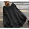 Ropa de mujer transfronteriza, top de algodón y lino con cuello redondo, volantes en las mangas largas, corte holgado, con dobladillo asimétrico de AliExpress