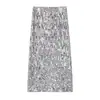 2025 Nueva Falda de Lujo Resistente de Terciopelo Gris Plateado con Lentejuelas, Elegante Falda Larga Adelgazante de Cintura Alta para Mujer