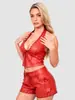 Fábrica Personalizada Europeu e Americano Transfronteiriço Amazon Couro PU Vermelho Top Cropped de Gola Alta Couro PU Shorts Ultra-curtos Emagrecedor Hot Girl