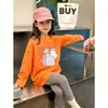 Camiseta de algodão puro com estampa de desenho animado para meninas, manga longa, corte solto casual estilo coreano, camiseta básica casual fofa para crianças, primavera e outono
