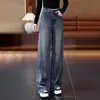 Jeans vintage largo feito sob medida para mulheres, cintura alta, com caimento fluido, design reto solto, comprimento até o chão, emagrecedor e versátil