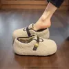 Sapatos Birkenstock Femininos 2026 Estilo Coreano Moda Novo Inverno Retrô Bico Redondo Com Veludo Quente Totalmente Coberto Pelo Marrom Sapatos de Algodão