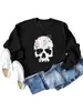 Top feminino plus size europeu e americano para outono e inverno com estampa de caveira de Halloween Suéter de gola redonda Suéter de gola redonda gola gola